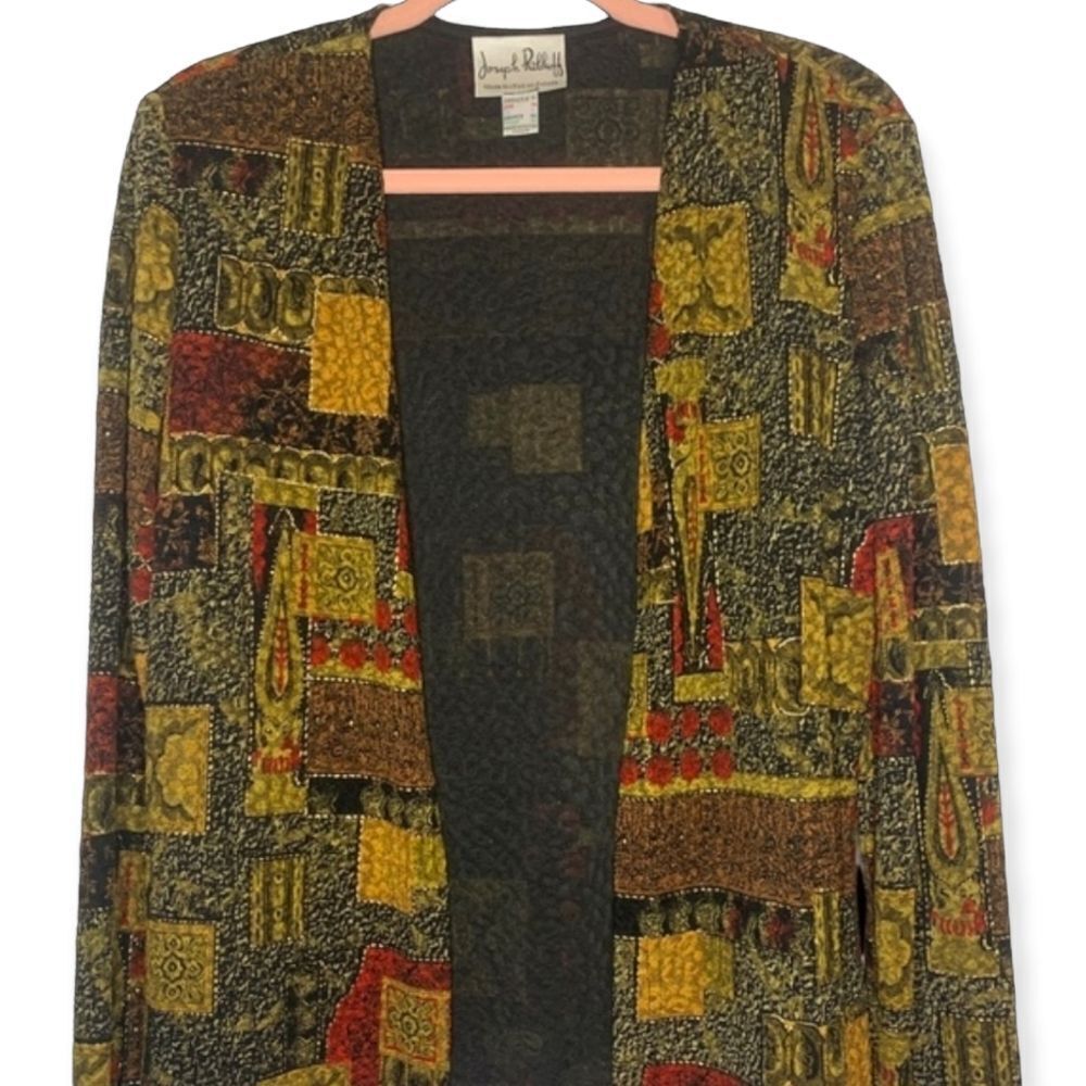 Vintage Joseph Ribkoff Multicolor Earthtone Patchwork Tapestry Fringe Jacket